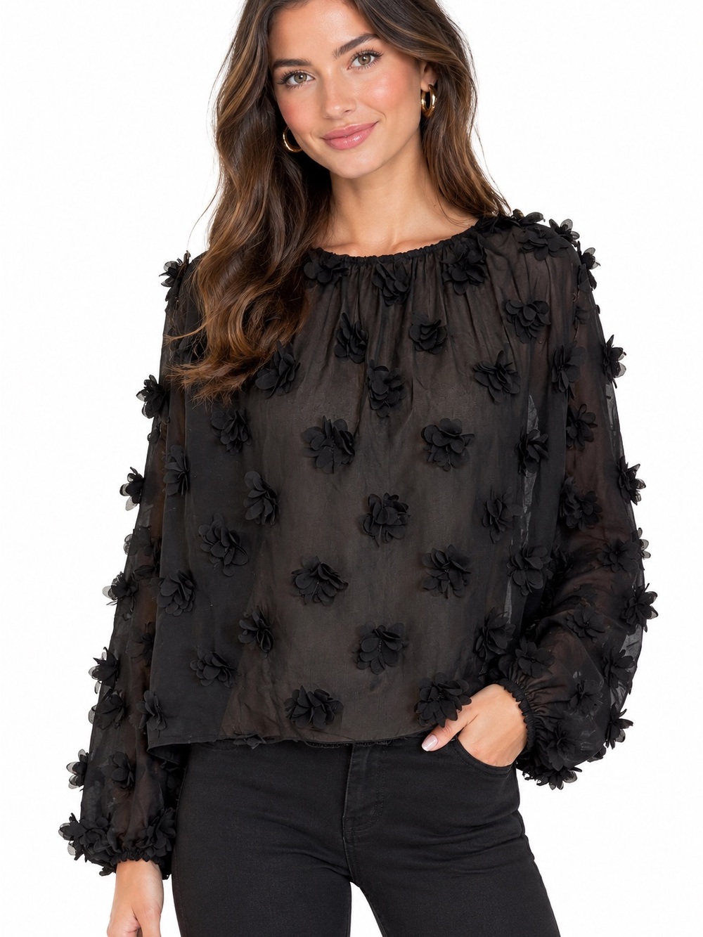 NWT Generation love floral appliqué sheer oversized blouse size 4/small